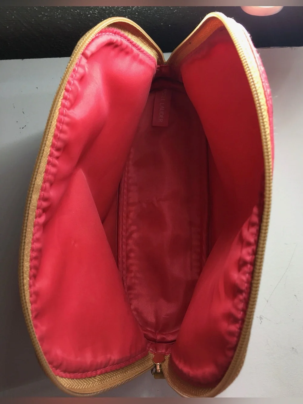 Estee Lauder Coral Pink Dot Cosmetic Bag with Tan Trim